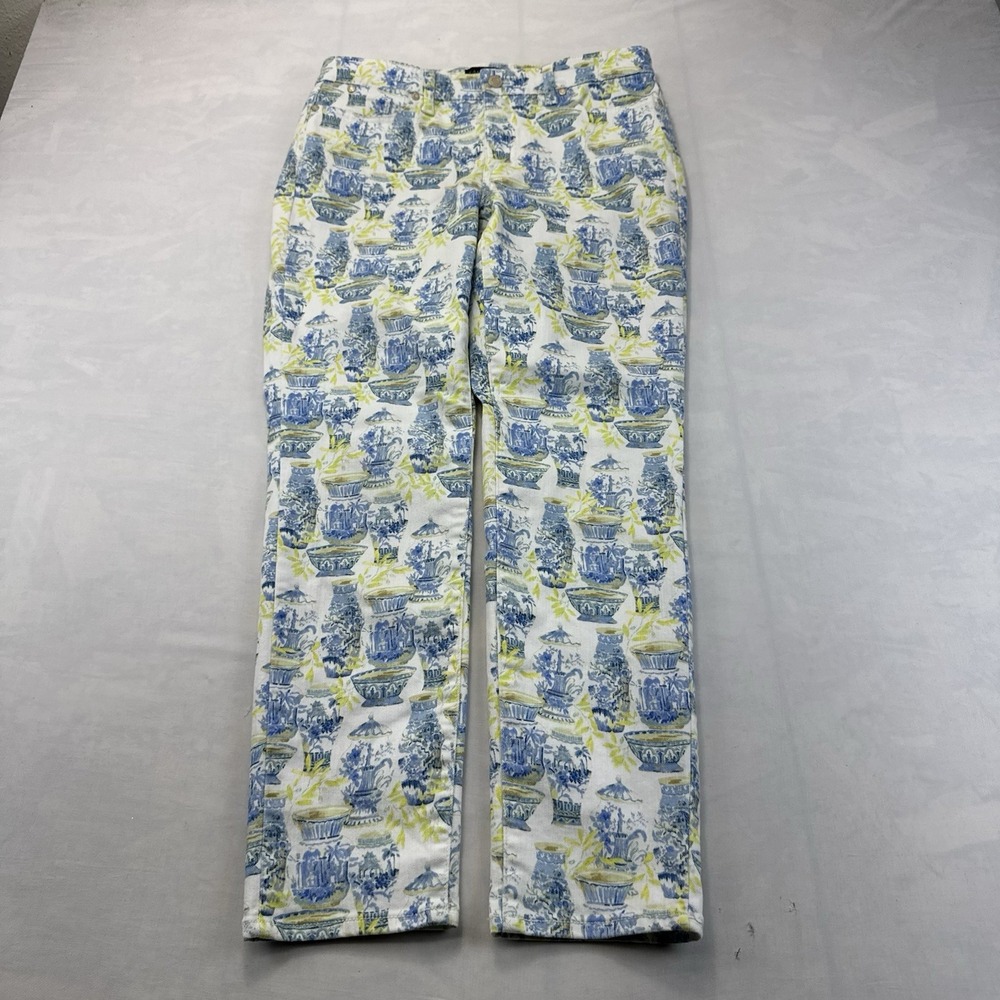 Talbots Slim Ankle Jeans Women's 6 Blue White Green Chinoiserie Floral Print